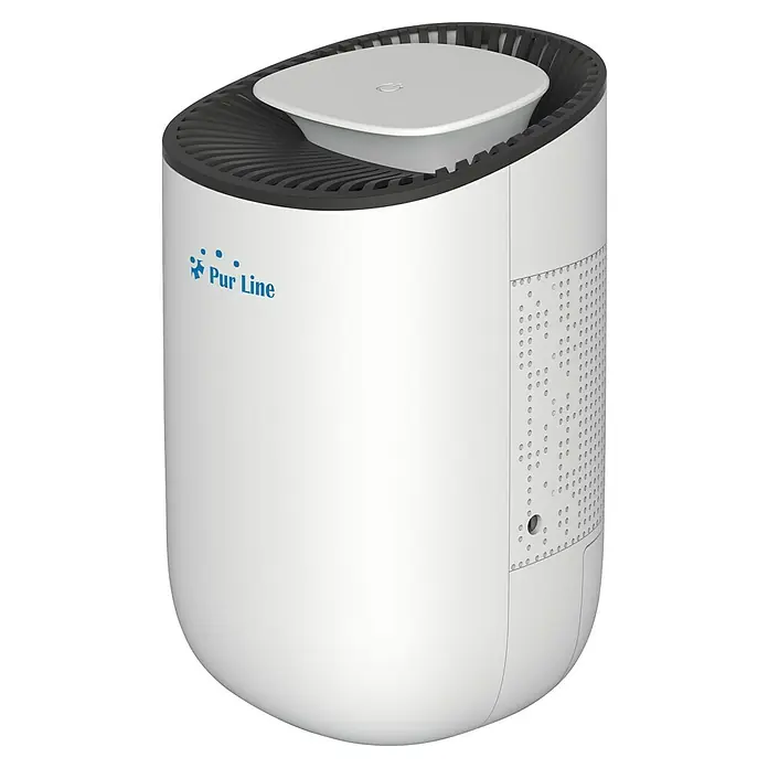 Purline Deshumidificador eléctrico Dryos 1 - 23 W, L x An x Al: 14,6 x 14,6 x 22,5 cm, Blanco - La imagen muestra un purificador de aire Pur Line, con un elegante diseño blanco y rejillas de ventilación superiores. Tiene una forma cilíndrica minimalista.