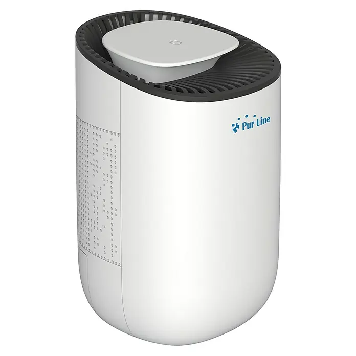 Purline Elektro-Luftentfeuchter Dryos 1 - 23 W, L x B x H: 14,6 x 14,6 x 22,5 cm, Weiß - Abbildung eines Luftreinigers der Marke Pur Line. Das Gerät ist in Weiß gehalten und hat ein modernes Design.