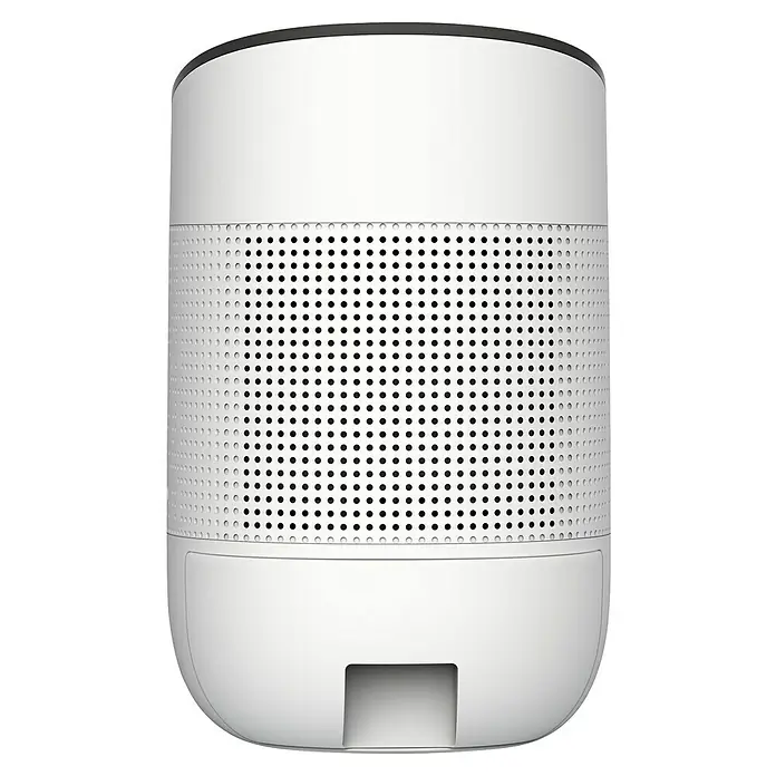 Purline Deshumidificador eléctrico Dryos 1 - 23 W, L x An x Al: 14,6 x 14,6 x 22,5 cm, Blanco - Primer plano de un altavoz blanco con un patrón de rejilla perforada y un pequeño recorte en la parte inferior.