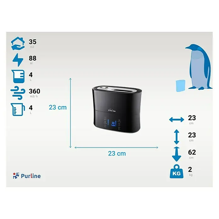 Purline Humidificador Hydro 14 - 6,2 x 23 x 23 cm, Negro - Imagen que muestra un humidificador Purline con sus especificaciones, incluyendo tamaño, consumo de energía, capacidad y otros datos importantes.