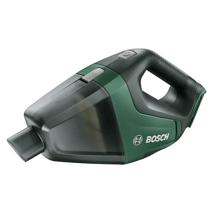 Bosch Power for All 18V Aspirador de mano de batería UniversalVac 18 - 18 V, Sin batería, Volumen de recipiente: 0,5 l - Primer plano de una aspiradora de mano inalámbrica Bosch, ideal para una limpieza rápida. Es compacta y fácil de usar.