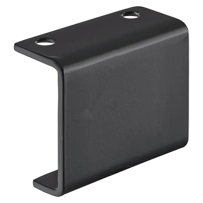 Hettich Möbelfuß U-Rail - L x B x H: 4,3 x 9 x 7 cm, Traglast: 50 kg, Stahl, Schwarz - Schwarze Metallhalterung mit Löchern zur Befestigung. Die Halterung ist U-förmig und robust.