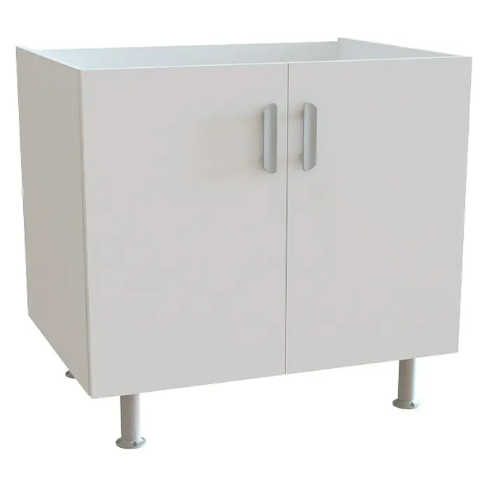 Top Element Cocina compacta - Ancho: 2 m, Sin electrodomésticos, Blanco, 4 pzs. - Un armario bajo blanco independiente con dos puertas y tiradores plateados. El gabinete está elevado por patas plateadas, proporcionando amplio almacenamiento.