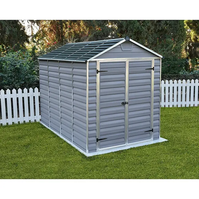 Palram – Canopia Gerätehaus Skylight 6x10 - Außenmaß inkl. Dachüberstand (B x T): 185 x 304 cm, Kunststoff, Anthrazit/Grau - Geräumiger grauer Gartenschuppen mit Doppeltür und Pultdach für die Lagerung von Gartengeräten und Werkzeugen im Außenbereich.
