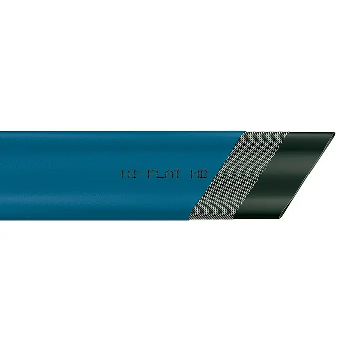 Fitt Manguera plana a metros Hi-Flat - Diámetro: 25 mm - Primer plano de una manguera Hi-Flat HD, destacando su robusta construcción y la composición del material. Ideal para aplicaciones de alta presión.
