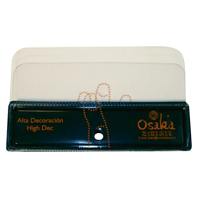 Osaka Espátula para pintar flexible - Rectangular - En la foto se ve una rasqueta "Alta Decoración High Dec Osaka" para trabajos de decoración, con logo y datos de contacto.