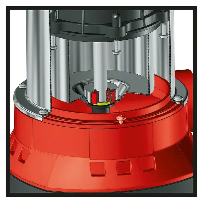 Einhell Drucktauchpumpe GE-PP 1100 N-A - 1.100 W, Max. Fördermenge: 6.000 l/h - Nahaufnahme einer roten Tauchpumpe mit silbernen Elementen, die einen Einblick in das Innenleben des Geräts gewährt.