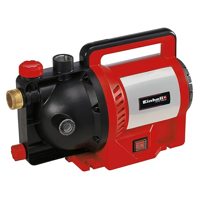 Einhell Gartenpumpe GC-GP 1250 N - Leistung: 1.200 W, Max. Fördermenge: 5.000 l/h - Abbildung einer roten und schwarzen Einhell GC-GP 1250 N Gartenpumpe für die Gartenbewässerung und Wasserversorgung.