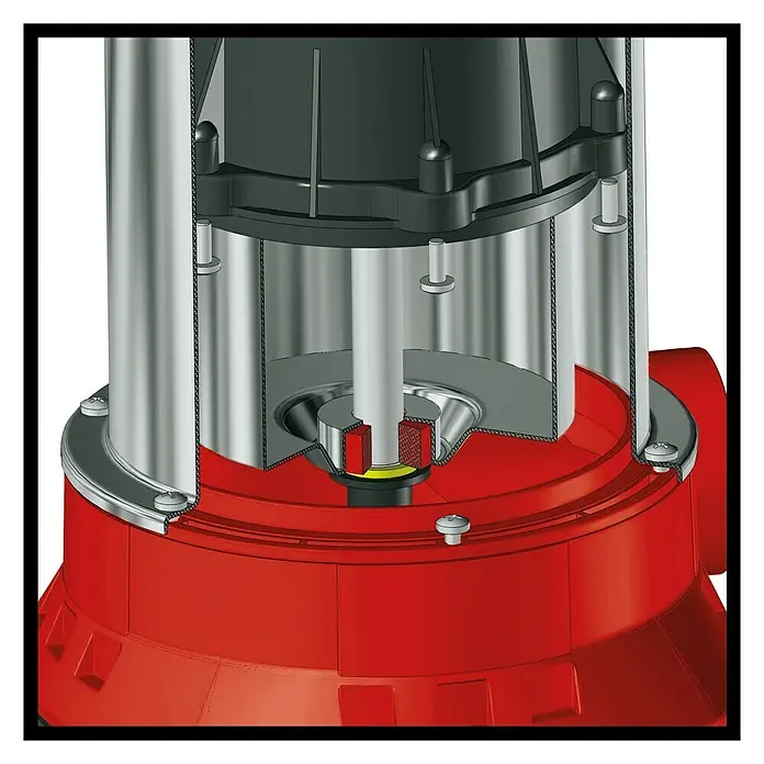Einhell Schmutzwasserpumpe GE-DP 3925 ECO - 390 W, Max. Fördermenge: 10.000 l/h, Eintauchtiefe: 7 m - Illustration einer Tauchpumpe mit Details. Die rote Pumpe zeigt das Innenleben mit silbernen Säulen und schwarzem Motor.