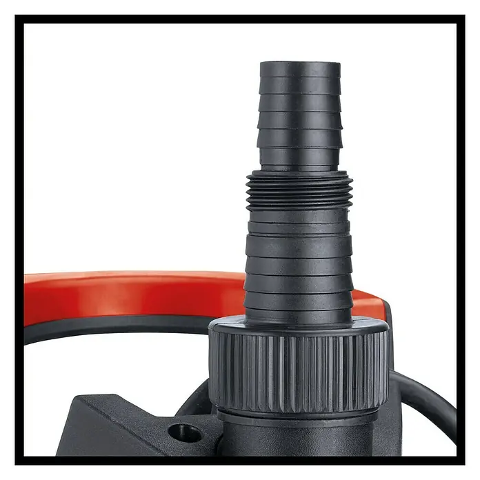 Einhell Schmutzwasserpumpe GE-DP 3925 ECO - 390 W, Max. Fördermenge: 10.000 l/h, Eintauchtiefe: 7 m - Abgebildete Tauchpumpe mit schwarzem Schlauchanschluss und rotem Griff. Ideal für Gartenbewässerung.