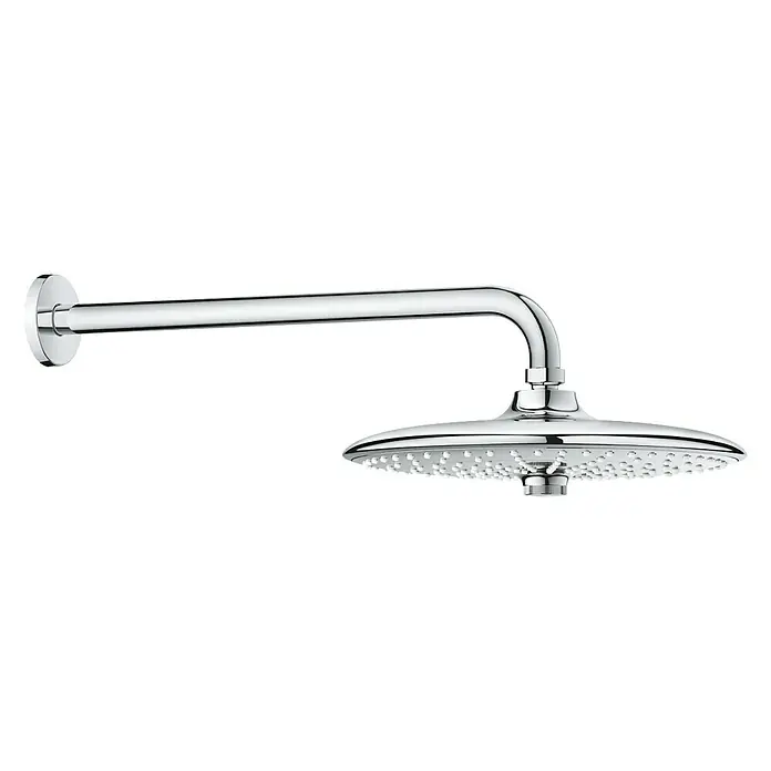Grohe Euphoria 260 Kopfbrausen-Set - Durchmesser: 26 cm, 17 l/min, Wandmontage, Chrom - Nahaufnahme eines luxuriösen, verchromten Regenduschkopfes mit Wandarm, der für ein entspannendes Duscherlebnis sorgt.