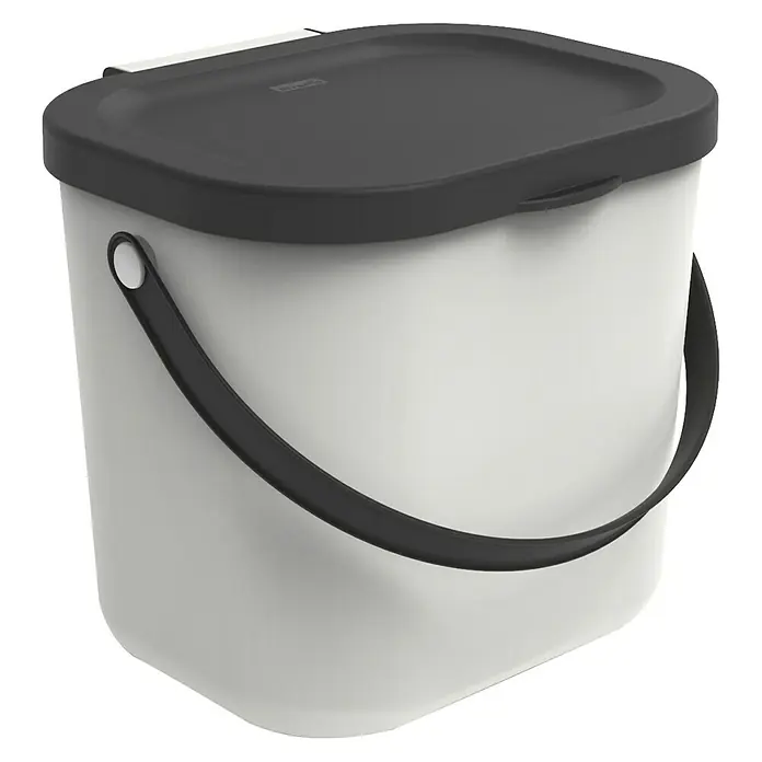Rotho Albula Mülltrennsystem - 6 l, Kunststoff, Weiß - Hier ist ein stilvoller, weißer Eimer mit einem schwarzen Deckel und Griff, ideal für verschiedene Anwendungen im Haushalt.