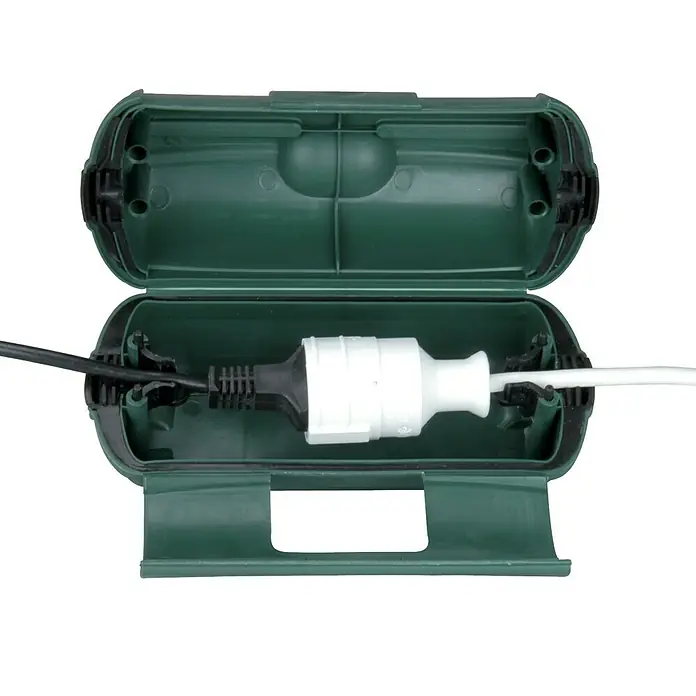 UniTEC Safe-Box D99 - Geeignet für: Steckverbindungen, Schutzart: IP44 - Eine grüne, wasserdichte Kabelbox mit offenem Deckel, in der sich ein Stecker befindet.