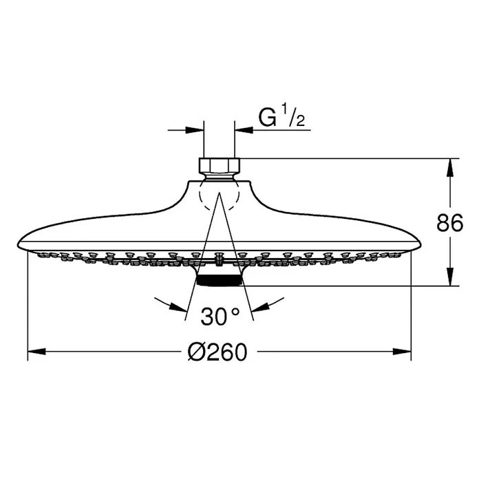 Grohe Euphoria 260 Kopfbrause - Durchmesser: 26 cm, 9,5 l/min, Anzahl Funktionen: 3 Stk., Chrom - Abbildung eines Duschkopfes mit Maßangaben zu Durchmesser, Höhe und Winkel.