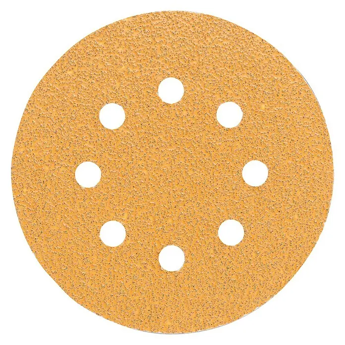 Craftomat Hoja de lija BFWP - Diámetro: 125 mm, Grano: 40, Perforado - Disco de lija con agujeros. El papel de lija es amarillo y tiene una superficie rugosa. Los agujeros están espaciados uniformemente.