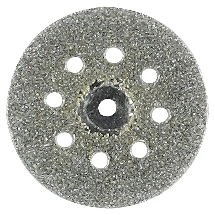 Proxxon Diamant-Trennscheibe - 23 mm, Keramik - Nahaufnahme einer Diamanttrennscheibe mit mehreren Löchern, ideal zum Schneiden von harten Materialien mit Präzision und Effizienz.
