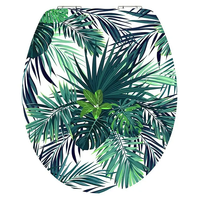 Poseidon Tapa de WC Jungle - MDF, Multicolor, Con caída amortiguada - Asiento de inodoro con diseño de hojas tropicales, ideal para un baño elegante. El patrón colorido aporta frescura y naturaleza al espacio.