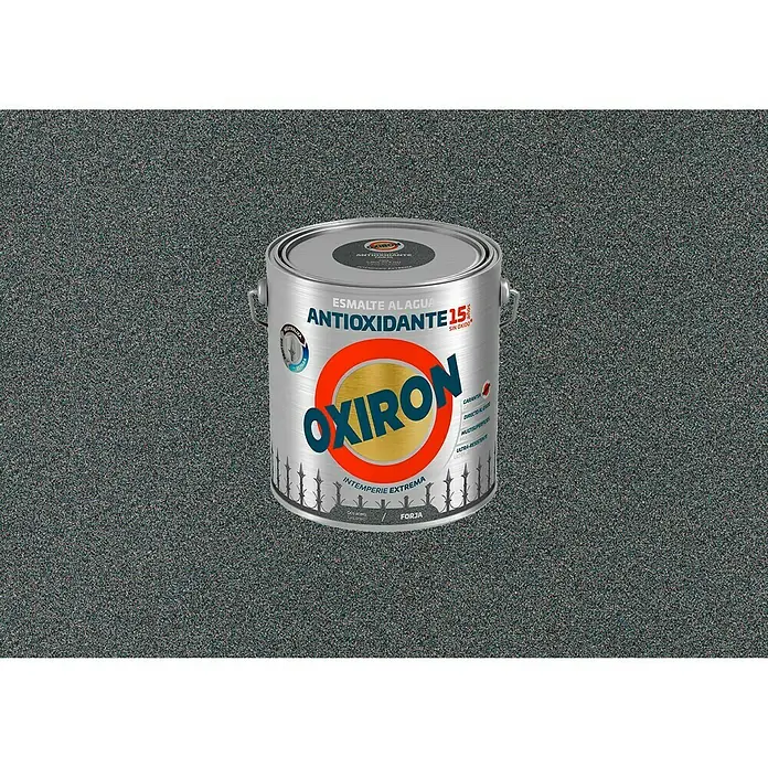 Oxiron Esmalte para metal Antioxidante Eco - Gris acero, 2,5 l - Bote de pintura antioxidante Oxiron sobre una superficie gris moteada. Ideal para hierro y acero, con hasta 15 años de protección.