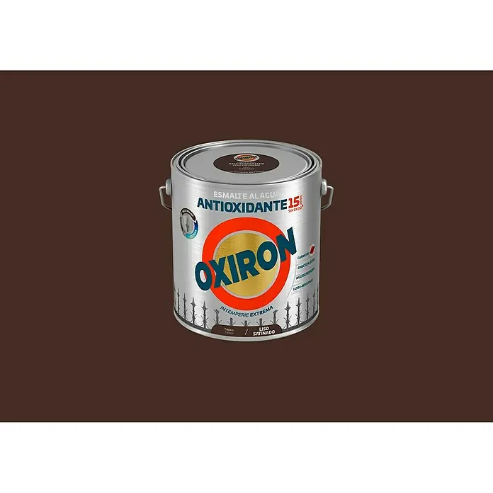 Oxiron Esmalte para metal Antioxidante Eco - Tabaco, 2,5 l, Satinado - Imagen de una lata de pintura de esmalte al agua Oxiron. Es una pintura antioxidante con resistencia extrema a la intemperie.