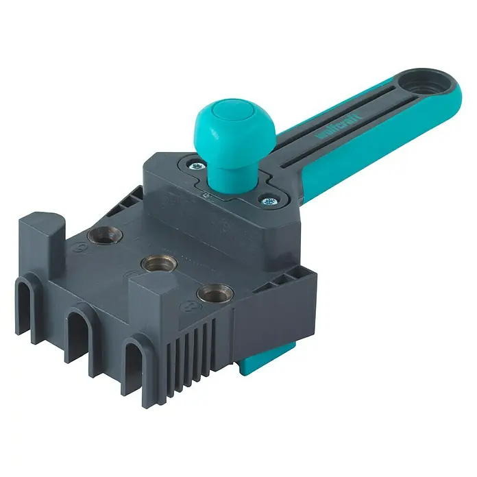 Wolfcraft Guía para espigas - Plástico, Topes integrados - Un maestro de espigas Wolfcraft, una herramienta para taladrar con precisión agujeros para espigas en piezas de madera para conexiones robustas.