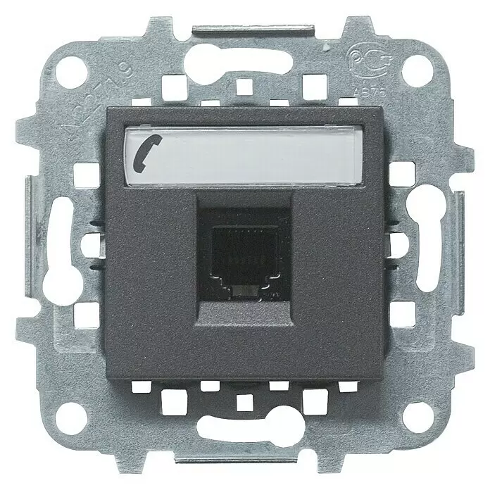 Niessen Zenit Toma de teléfono - Antracita - Toma de red RJ45 gris oscuro con campo para etiquetas, sobre un marco de montaje metálico plateado.