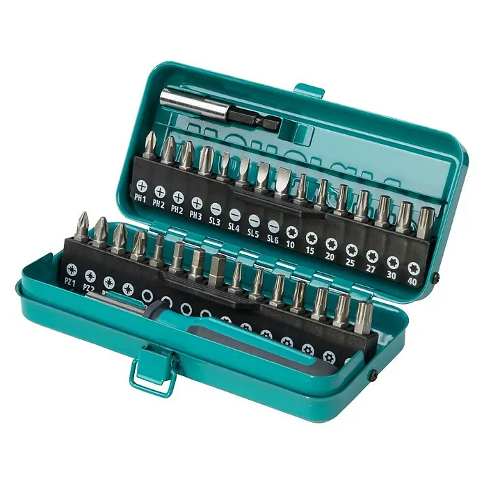 Wolfcraft Set de puntas - 32 pzs. - Un juego de puntas de destornillador en varios tamaños y formas, cuidadosamente embalado en una caja verde.