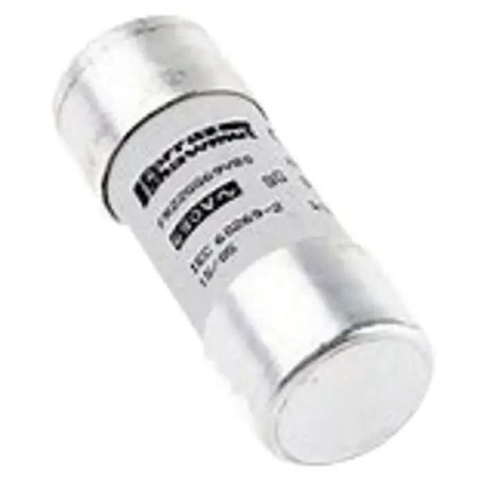 Rexel Fusible cerámico - 80 A, 500 V, Gris claro - Primer plano de un fusible cilíndrico Bussmann, con tapas plateadas y una etiqueta que detalla las especificaciones.