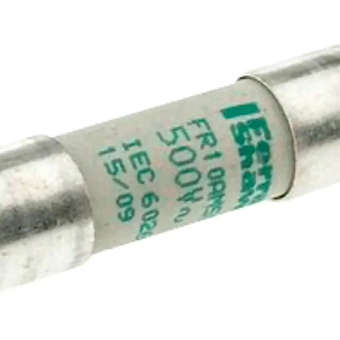 Rexel Fusible cerámico - 63 A, 500 V, Gris claro - Primer plano de un fusible cilíndrico Bussmann FR10ORS 500V con tapas metálicas.