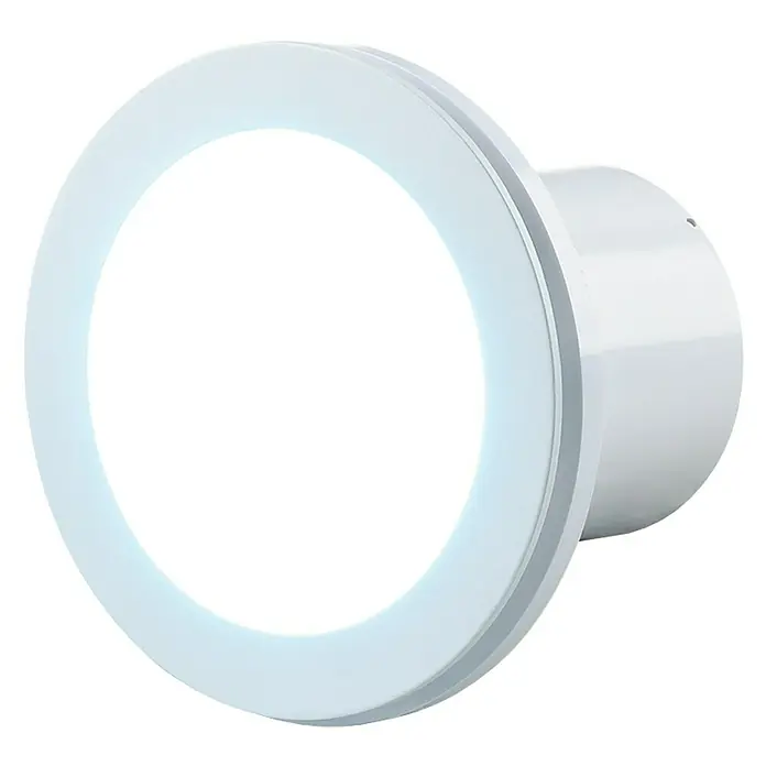 Ventilador de pared de baño Lumis 100 - Blanco, 9,94 cm - Primer plano de un ventilador de techo LED redondo y blanco con luz brillante. Ideal para baños y otras habitaciones húmedas.