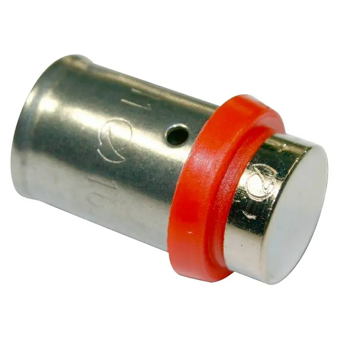 Isoltubex Tapón terminal para tubería - Diámetro: 16 mm, Latón - Una imagen aislada de un conector de tubo metálico con un anillo de plástico rojo, utilizado para instalaciones de fontanería.