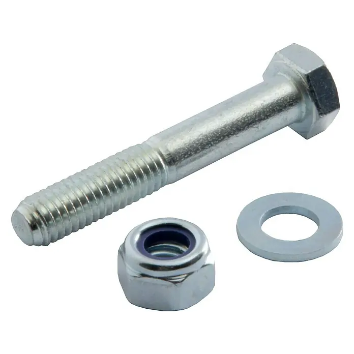 Krause Monto Schrauben-Set - Passend für: Krause ClimTec Gerüste - Nahaufnahme eines Bolzens, einer Mutter und einer Unterlegscheibe aus Metall auf schwarzem Hintergrund.