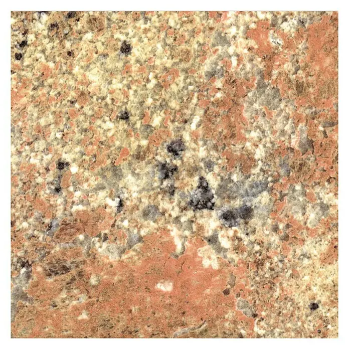 Resopal Premium Küchenarbeitsplatte nach Maß - Granito Zaragoza, Stärke: 3,8 cm, Breite: 63,5 cm - Nahaufnahme einer polierten Granitplatte mit einer Mischung aus Beige, Braun, Grau und schwarzen Sprenkeln für Arbeitsplatten.