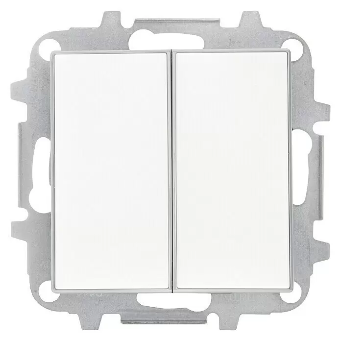 Niessen Sky Conmutador doble - Blanco, Plástico - Dos interruptores basculantes blancos montados en un marco metálico gris para instalación eléctrica.