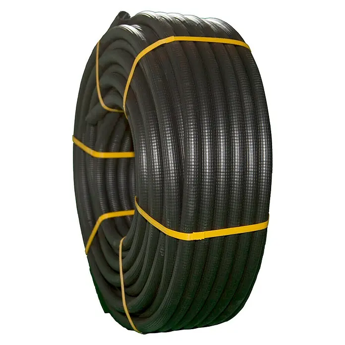 Tubo flexible forrado - EN 20, 100 m, Plástico, 320 N, Negro - Se muestra un rollo de conducto flexible negro, sujeto con bandas amarillas. Ideal para la protección del cableado eléctrico.