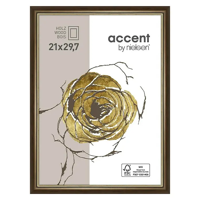 Nielsen Holzrahmen Ascot - DIN A4 / 21 x 29,7 cm, Dunkelbraun/Gold, Glas - Holzrahmen Akzent von Nielsen, 21x29,7 cm, mit floralem Design. Ideal für Fotos und Kunstdrucke. Hochwertige Verarbeitung.