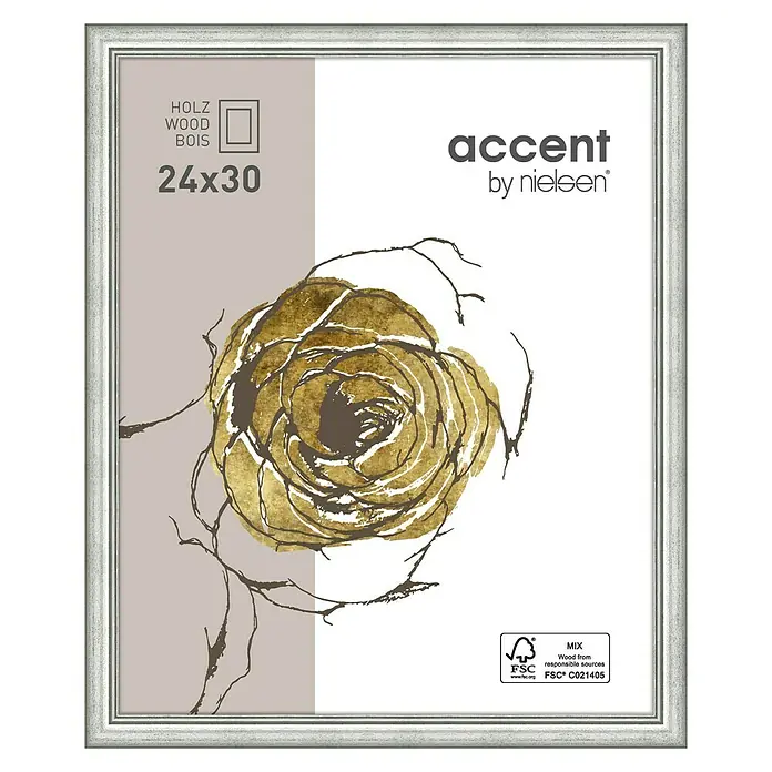 Nielsen Holzrahmen Ascot - 24 x 30 cm, Silber, Glas - Silberfarbener Bilderrahmen Akzent by Nielsen, 24x30 cm, mit abstraktem Rosenmuster für stilvolle Präsentation von Bildern und Fotos.