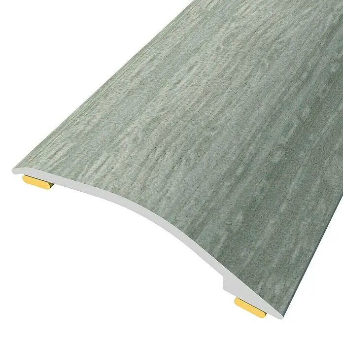 Baglinox Perfil de transición inclinado Silva - 5C - 90 cm x 38 mm, Pegado - La imagen muestra un perfil en T de vinilo gris con fijaciones amarillas, ideal para transiciones de suelo.