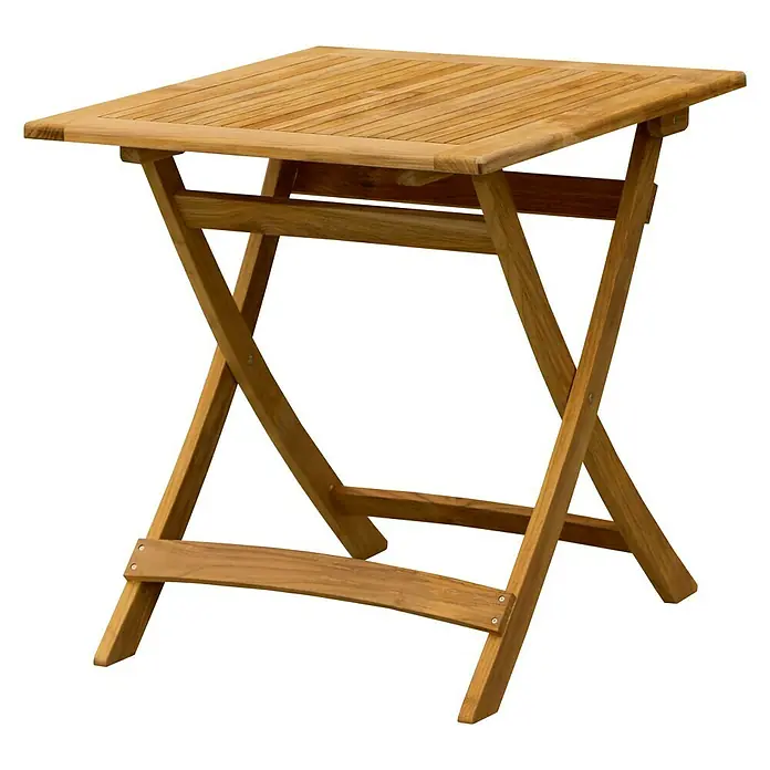 Mesa de jardín Zaira - L x An x Al: 70 x 70 x 74 cm, Teca, Natural, Abatible - Imagen de una mesa plegable cuadrada de madera con un patrón de listones en el tablero, ideal para un uso flexible en interiores y exteriores.