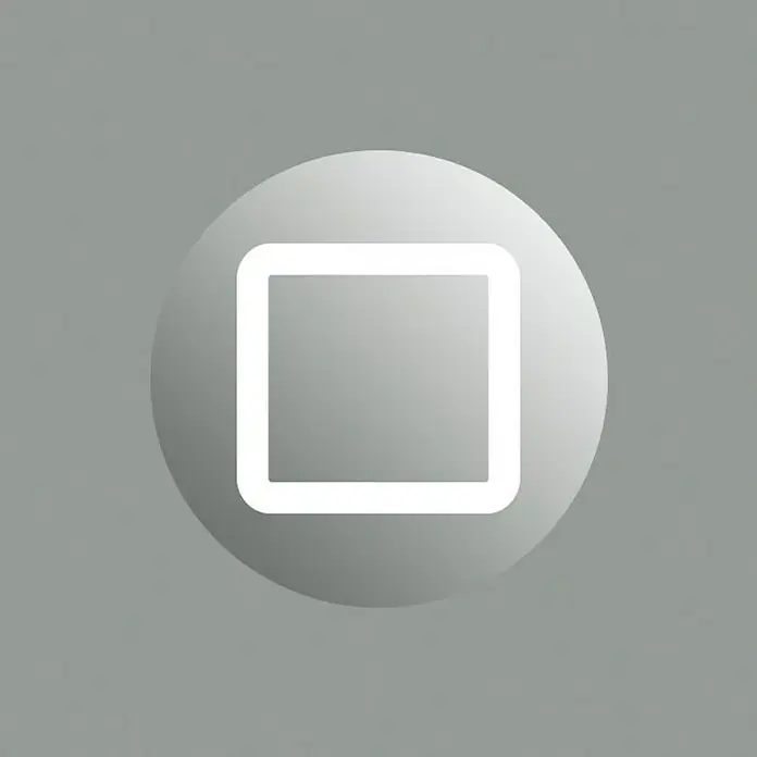 DSK Lichtspiegel Silver Futura - 100 x 70 cm - Grauer Stop-Button mit abgerundetem, quadratischem Symbol in der Mitte eines Kreises, ideal für digitale Benutzeroberflächen.