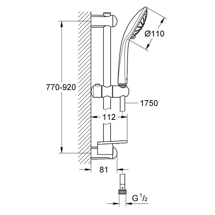 Grohe Euphoria Brausegarnitur 110Lochabstand: 77 cm - 92 cm, Art Strahl: Rainstrahl, Massagestrahl, SmartRain, Chrom Front View