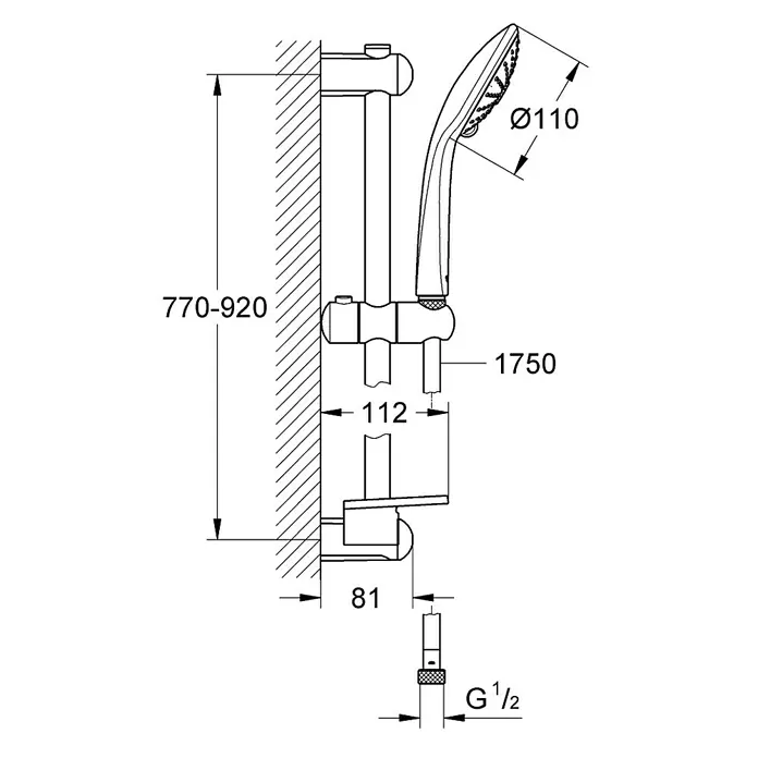 Grohe Euphoria 110 Brausegarnitur - Lochabstand: 77 cm - 92 cm, Art Strahl: Rainstrahl, Massagestrahl, SmartRain, Chrom - Produktabbildung eines Duschsets mit Maßangaben, inklusive Duschkopf und Halterung für die Wandmontage.