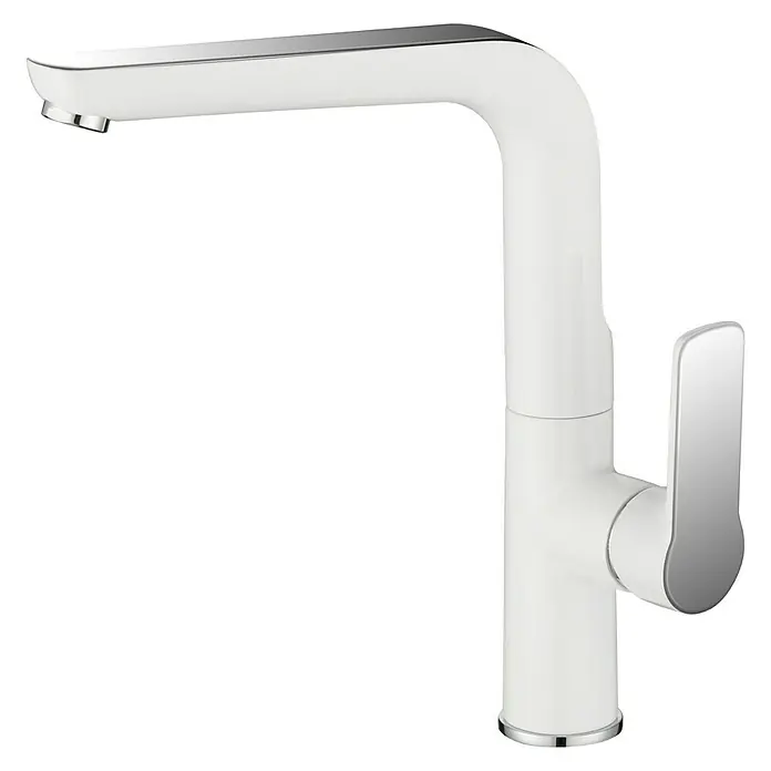 Cosmobath Grifo de cocina Blackie - Blanco/Cromado, Mate - Grifo de cocina moderno en blanco y plata. El grifo tiene un caño alto y una palanca lateral para facilitar su uso.