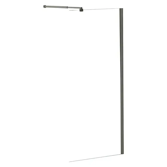 Mampara de ducha fija Nice - An x Al: 100 x 195 cm, Cromo - La imagen muestra una mampara de ducha gris con brazo estabilizador sobre un fondo neutro, destacando su diseño minimalista y funcional.