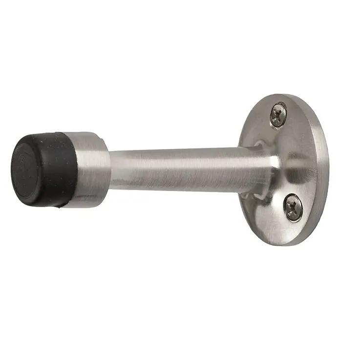 Wandtürstopper 40x75 mm - B x L: 40 x 75 mm, Silber/Schwarz - Nahaufnahme eines Türstoppers aus gebürstetem Nickel mit einem schwarzen Gummiende, der auf einer schwarzen Oberfläche liegt.