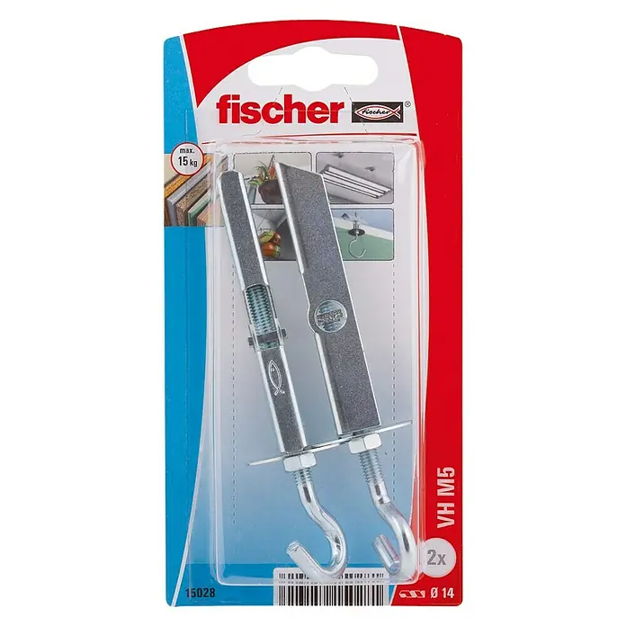Fischer Taco basculante VH M5 - Diámetro taco: 14 mm, Longitud taco: 102 mm, 2 ud. - Anclajes para cavidades Fischer VH M5 en blíster. El juego contiene dos anclajes metálicos con ganchos, adecuados para cargas ligeras de hasta 15 kg.
