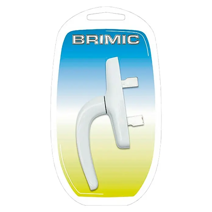 Micel Brimic Manilla para ventana 6815 - Largo: 173 mm, Blanco, Aluminio - Primer plano de un tirador de ventana BRIMIC blanco en su embalaje. Ideal para reparaciones de ventanas o nuevas construcciones. Fácil instalación.