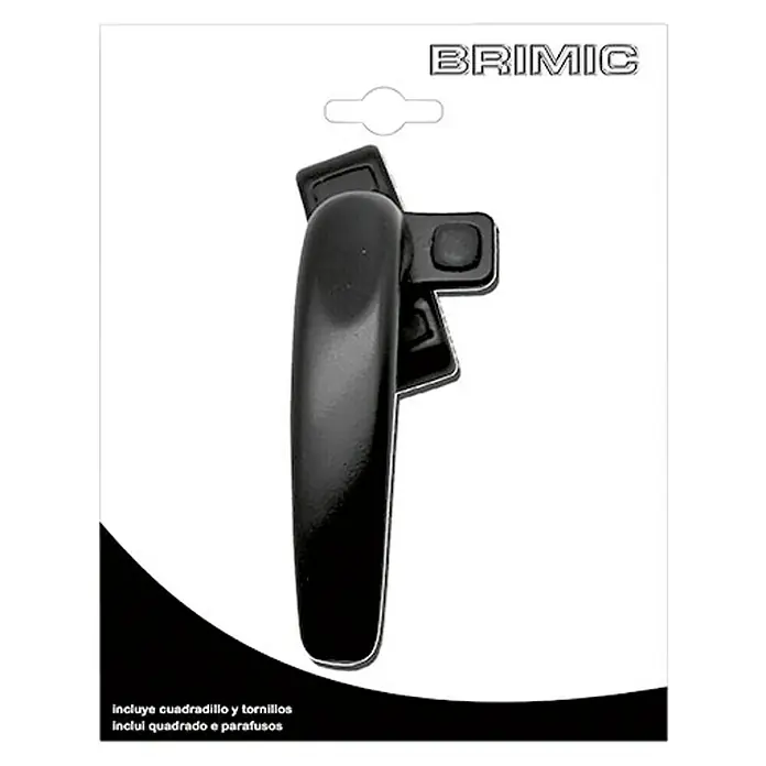 Micel Brimic Manilla para ventana 6805 - Apertura según normativa: Izquierda, Blanco - Primer plano de un tirador de ventana BRIMIC negro en un paquete de producto. Es adecuado para accesorios de ventanas e incluye tornillos.