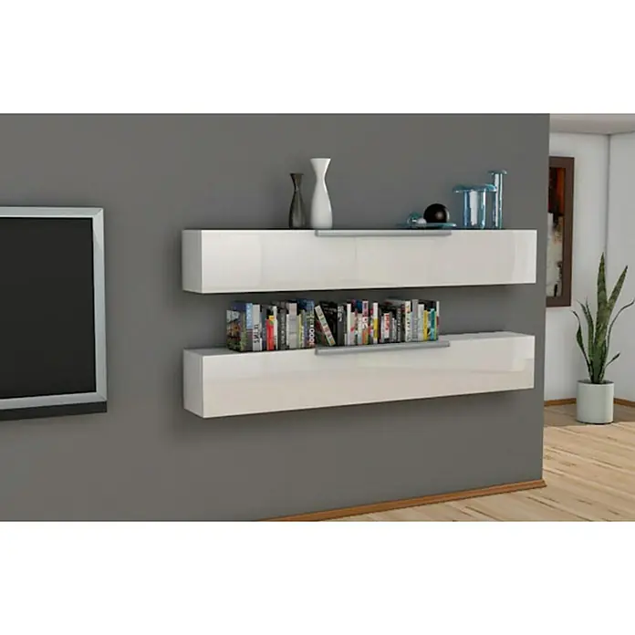 Fischer Duopower Set de tacos y tornillos S DIY - Ø x L: 5 x 25 mm, Nylon, 35 ud. - Estante de pared con dos estantes blancos de alto brillo para una presentación elegante de libros y objetos decorativos.