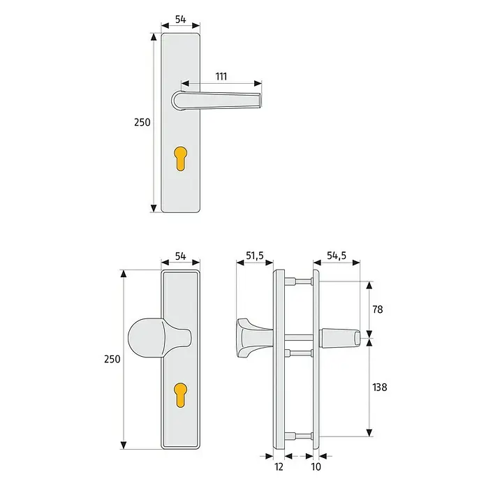 Abus Schutzbeschlag KLT512 - Wohnungsabschlusstür, Neusilber, Drücker beidseitig, Stärke Tür: 37 mm - 47 mm - Technische Zeichnung einer Türgarnitur mit Maßen, inklusive Griff, Schloss und Rosetten.