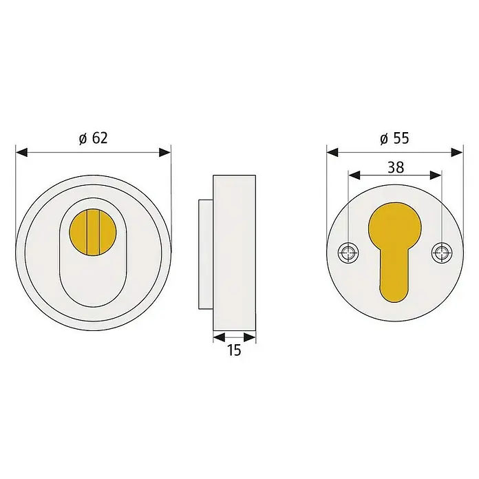 Abus Sicherheitsrosette RHZS 415 - Holztür, Braun, Stärke Schild/ Rosette: 15 mm - Technische Zeichnung eines Türschlosses mit Maßangaben. Illustration für Montageanleitung.